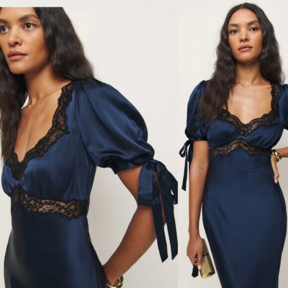 NWT Reformation Stella Silk Midi Dress Sz 0 Navy  Lace Trim Puff Sleeves w/ Tie - Picture 2 of 8